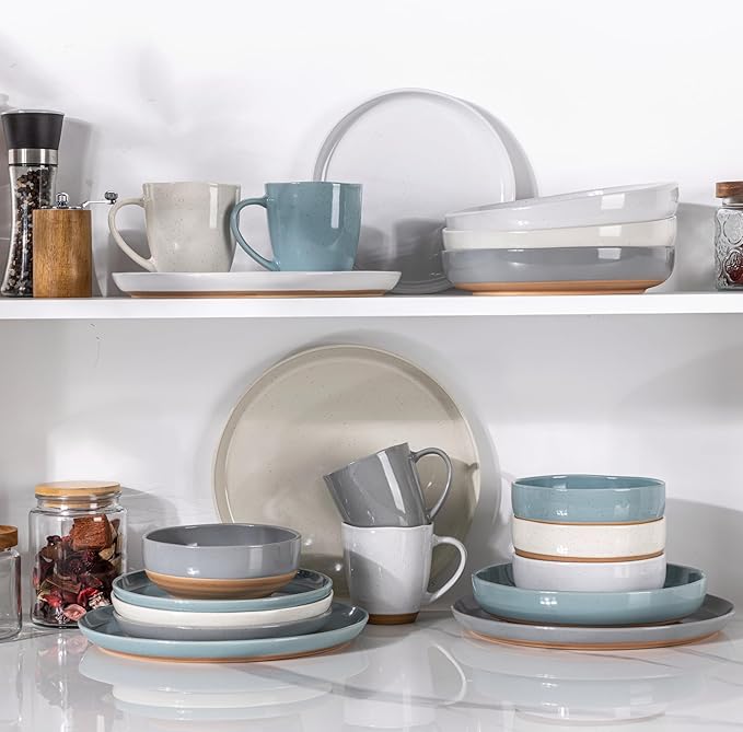 AmorArc 8.75'' Large Ceramic Pasta Bowls, 36oz Handpainted Stoneware Bowls Set of 4, Microwave&Dishwasher Safe Bowls with Rustic Terracotta Underside for Pasta Salad, Multi-Color