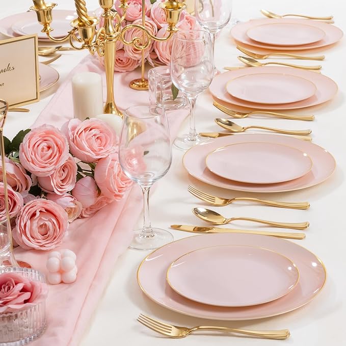 PULOTE 200Pieces Pink Plastic Plates - Premium Hard Pink and Gold Disposable - Include 100PCS 10 inch Dinner & 100PCS 7 inch Dessert Plates, Ideal for Wedding, Party & Valentines Day