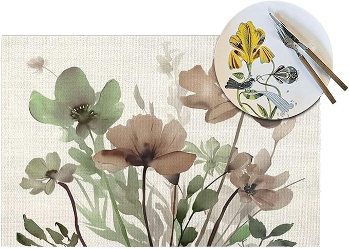 Spring Floral Placemats 12x18 Inches Set of 4,Watercolor Brown Green Flower Decorative Rectangle Summer Decor Floral Decoration Table Mats for Party, Home Kitchen,Dining Table Decoration