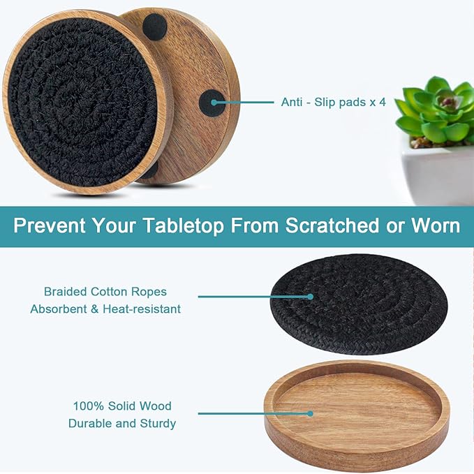 Wood Coasters for Drinks, Absorbent Coaster Sets of 8, Woven Drink Coasters for Coffee Table, Housewarming Gift for Farmhouse Home Decor,4.3 inches Black