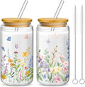 Mumufy 2 Pack Wildflower Glass Cups Gift Aesthetic Cute Glass Cup Tumbler by Mumufy
