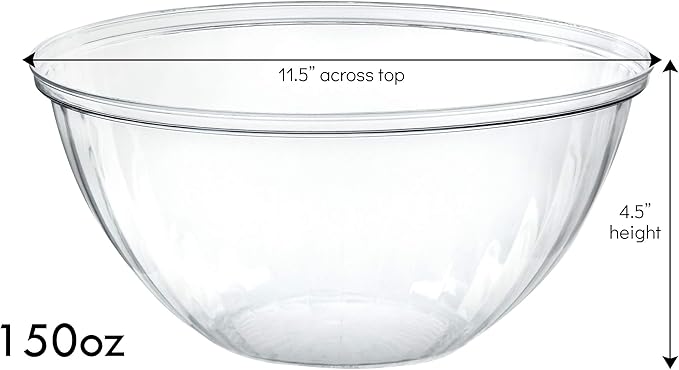 PLASTICPRO Disposable 150 Ounce Round Crystal Clear Plastic Snack & Salad Bowls - Chip Bowl, Candy Dish alternatives, Pack of 4