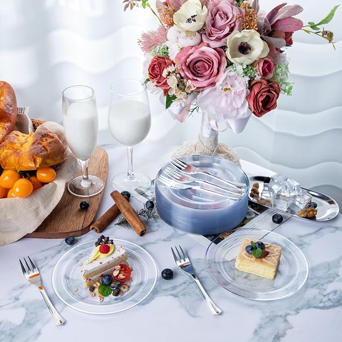 DaYammi 240Pcs Silver Dessert Plates Set Includes 120 Disposable Cake Plates 6.5" 120 Plastic Forks 5.7", Clear Silver Plastic plates, Fancy Appetizer plates for Party and Wedding Birthday