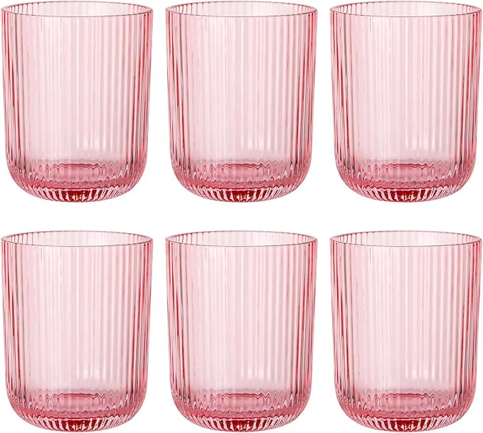 Pink Ribbed Drinking Glasses Set of 6, 8.5oz Vintage Highball Tumblers by Vintacicle