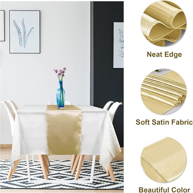 8Pack Disposable Plastic Tablecloths and Satin Table Runner Set White and Gold - Image 3