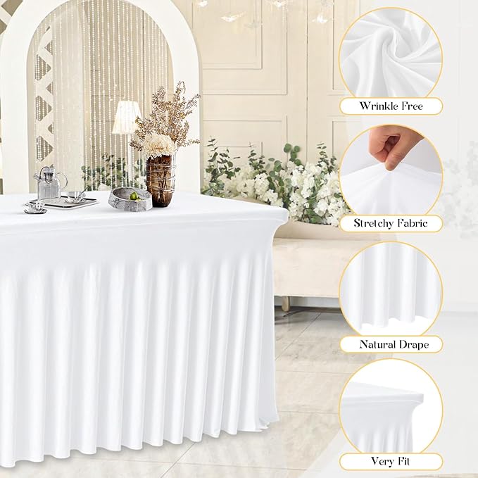 6FT White Rectangle Tablecloth with Elastic Table Skirt – Wrinkle-Free Spandex Stretch Fitted Table Cover for Wedding Birthday Party Banquet Buffet Restaurant Event