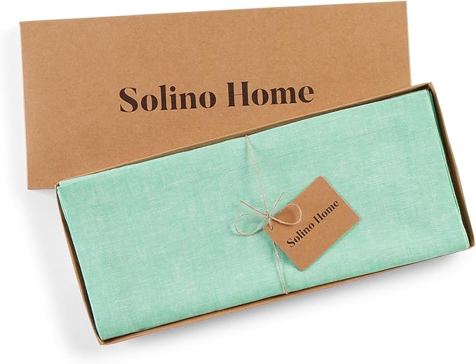 Solino Home Linen Table Runner 90 Inches Long - Athena, 100% Pure Linen Chambray Aqua Dining Table Runner 14 x 90 Inch for Winter, Spring, Easter