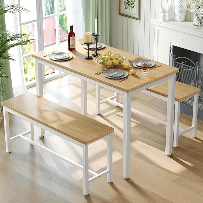 Tatub Dining Table Set for 4, 3-Piece Kitchen Table with 2 Benches, Space-Saving Dining Room Table Set for Breakfast Nook and Small Spaces, Original