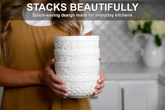 25DOL 22 oz Ceramic Bowls Set of 4 – Embossed Nature-Inspired Design, Versatile - Image 7
