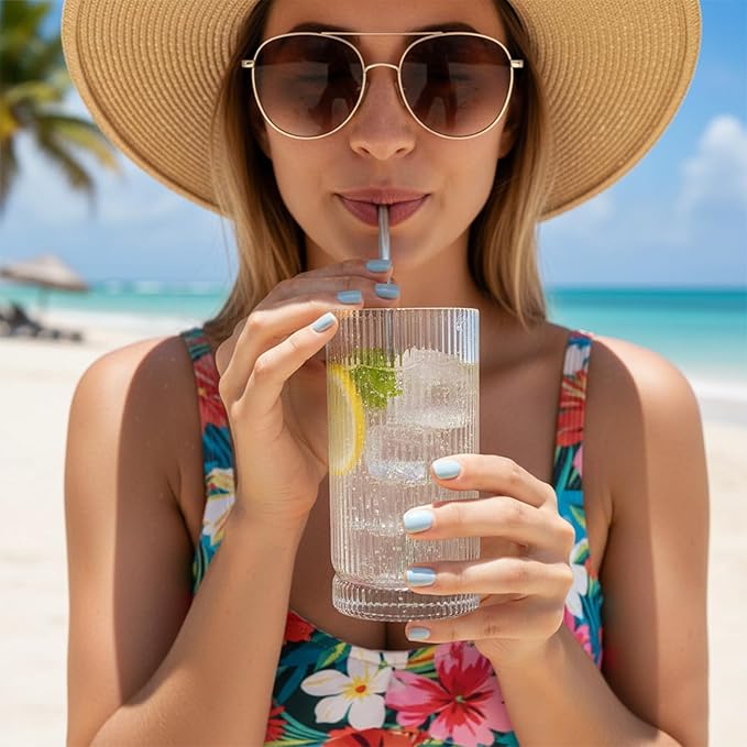 Vintage Ribbed Glassware Set, 16oz Drinking Glasses, Origami Style Set of 4, Fluted Design, Ideal for Water, Iced Coffee, Juice, Beer, Milk, Gift (16oz with lids and straws)