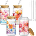 Mumufy 4 Pack Wildflower Glass Cups Gift Aesthetic Cute Glass Cup Tumbler by Mumufy