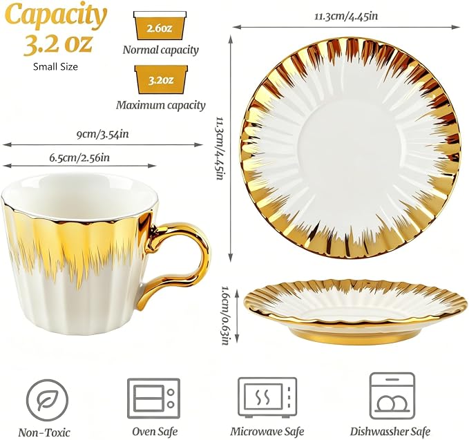 Coffee Cup Set of 6 with Saucers, 3.5 OZ Ceramic Espresso Cups, Deco Golden - Image 3