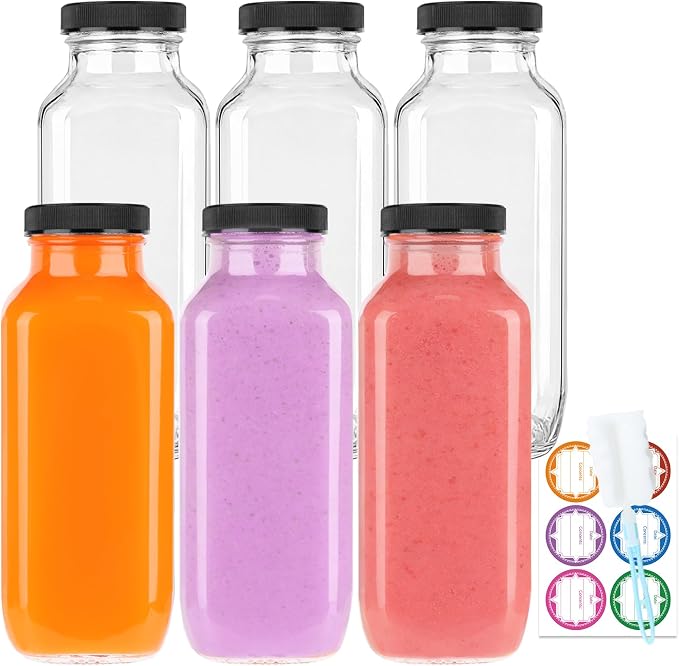 GUANENA 6 Pack Glass Drink Bottles, 16 OZ Vintage Square Water Bottles by GUANENA