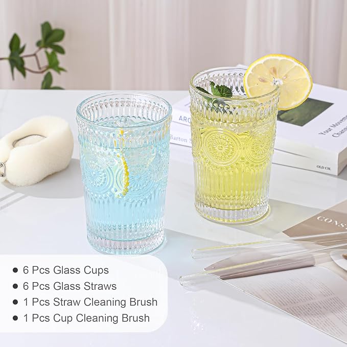 ZMOWIPDL Drinking Glasses Set of 6, 13oz Flower Design Clear Glass Cups | - Image 5