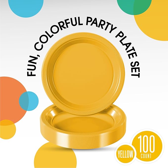 Party Solids Yellow Plastic Plates For Party 10" Yellow Disposable Plates Heavy Duty 100 Pcs Plastic Dinnerware Sets Heavy Duty 350 GSM Disposable Dinnerware Set