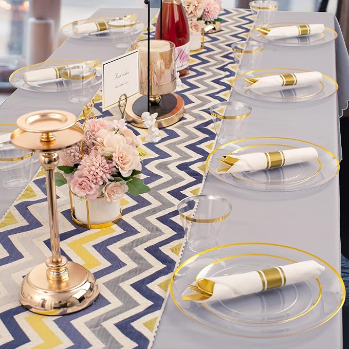 Rubtlamp 140Pcs Gold Plastic Plates, Clear Disposable Plates with Gold Trim, gold Dinnerware Include 20Dinner Plates,20Salad Plates, 20Cups,20Silverware With Pre Rolled Napkins