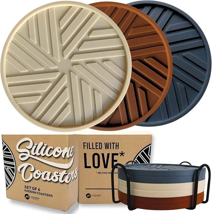 Silicone Coasters for Drinks -Set of 6 - with Smart, Modern, Groove Patterns & Gold Holder - Protection Your Coffee Table from Condensation Cups, Home Office Decor Boho Vintage