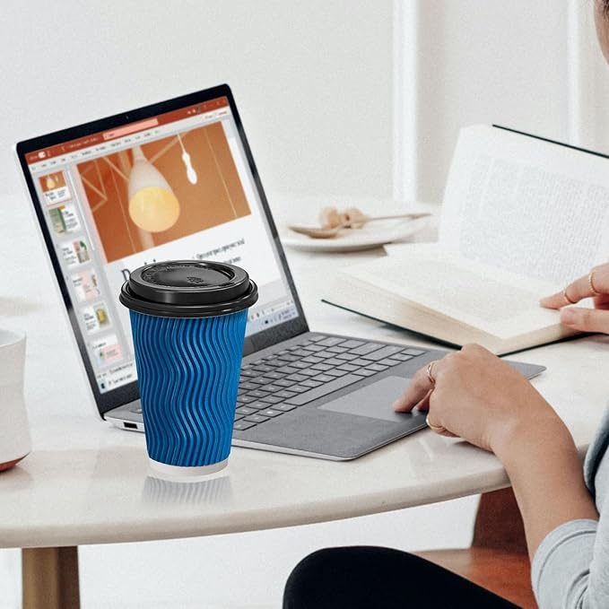 500 Pack Coffee Cups with Lids 16oz, Disposable Insulated Ripple Wall To Go Paper Coffee Cups for Hot/Cold Drinks Office Home Shop Event (Navy)