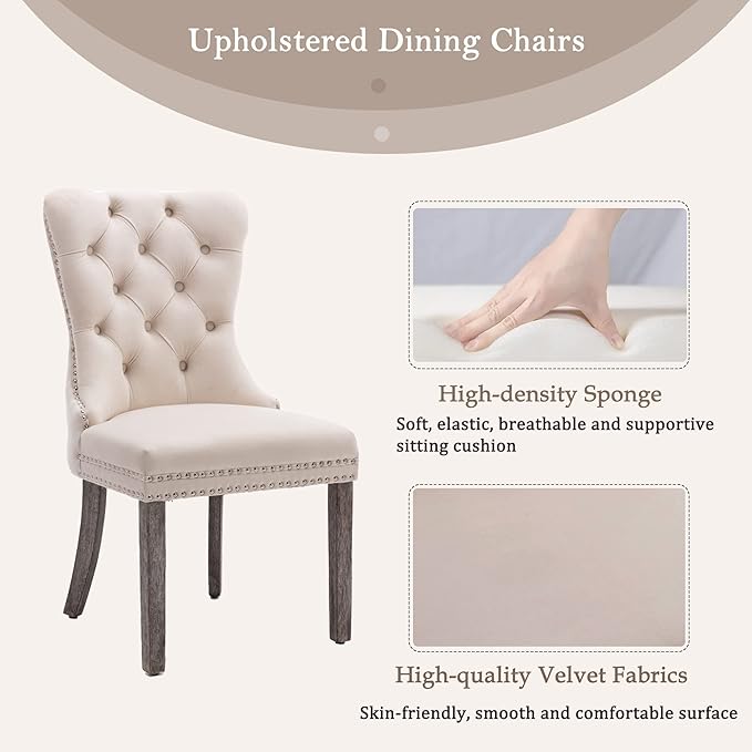 KCC Velvet Dining Chairs Set of 2, Upholstered High-end Tufted Dining Room Chair with Nailhead Back Ring Pull Trim Solid Wood Legs, Nikki Collection Modern Style for Kitchen, Beige