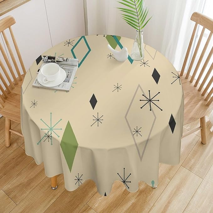 Colorful Middle Century Round Tablecloth, Vintage Bohemian Mid Century Modern Retro Print Tablecloth for Home Party Dining Room Kitchen Decor 70Inch(178cm)