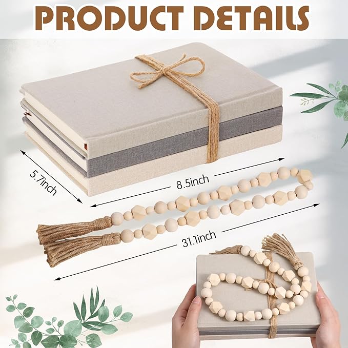 3 Pieces Faux Decorative Books Set for Home Decor Fake Book for Shelves Coffee Table Stacked Linen Covered Display Notebook with Wood Bead Bookend Gift for Living Room(Classical Color)