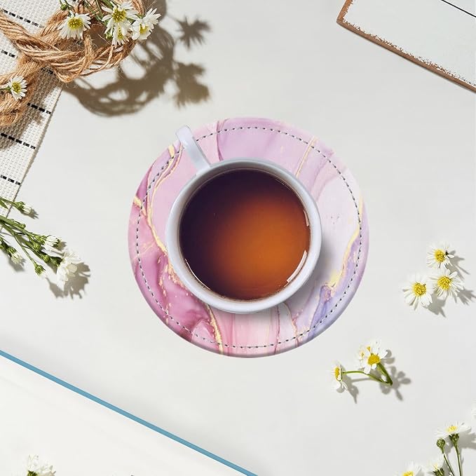 Coasters for Drinks PU Leather,Set of 6 with Holder,Round Housewarming Gift Home Decor,Pink and Golden Marble