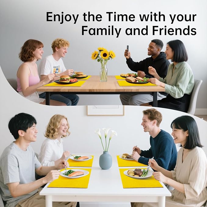Blue Forest Placemats Set of 8, Dual-Layered Thickened Faux Linen Table Mats Heat Resistant Machine Washable Wrinkle Free Place Mats for Kitchen Dining Outdoor/Indoor (Bright Yellow)