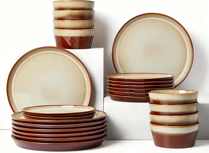 Dinnerware Set for 8, Ceramic Dish Sets, Plate and Bowl Set, Microwave & Dishwasher Safe Dishware Set, Chip & Scratch Resistant Dinner Set, One-of-a-Kind Design, Amber Brown