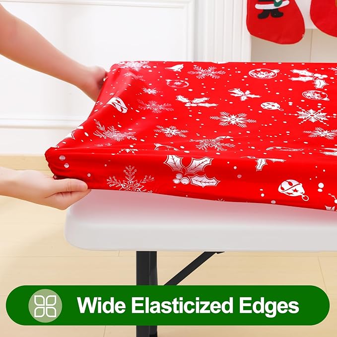 Smiry Plastic Christmas Tablecloth, Snowflake Wipeable Flannel Backed Vinyl Tablecloth, Waterproof Elastic Fitted Table Cover for Christmas Dinner, and New Year Celebration (White & Red, 30x96 Inches)