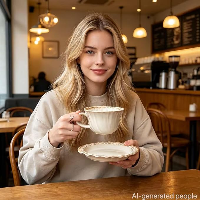 Vintage Porcelain Coffee Cup and Saucer Set, 12 OZ Ceramic Latte Mug - Image 5