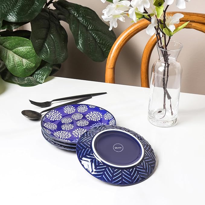 Selamica Dessert Plates Ceramic, 6 Inch Embossed Small Plates for Appetizer, Cake, Snacks, Microwave Dishwasher Safe, Set of 4, Blue