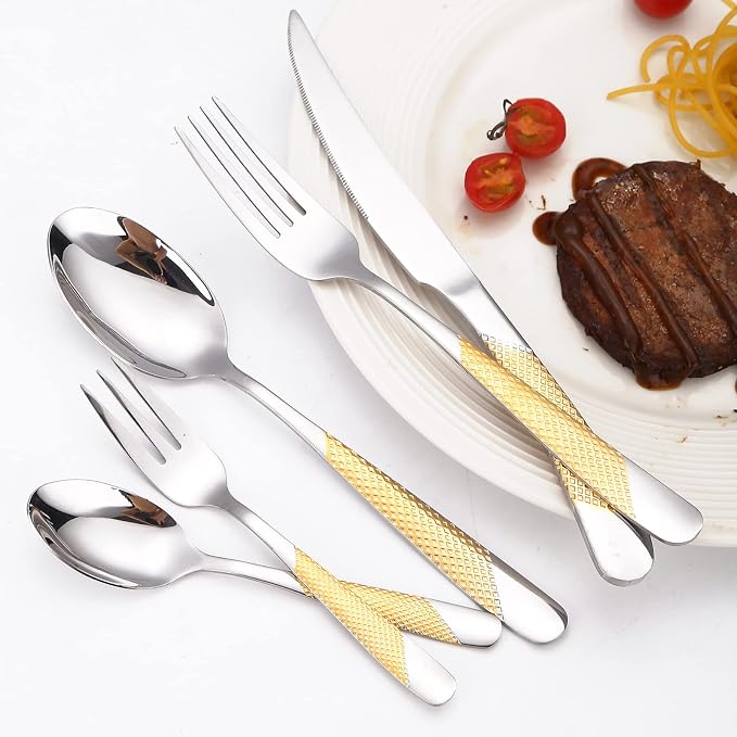 A·HOUSEWARE Hammered Silverware Gold and Silver Flatware Stainless Steel - Image 2