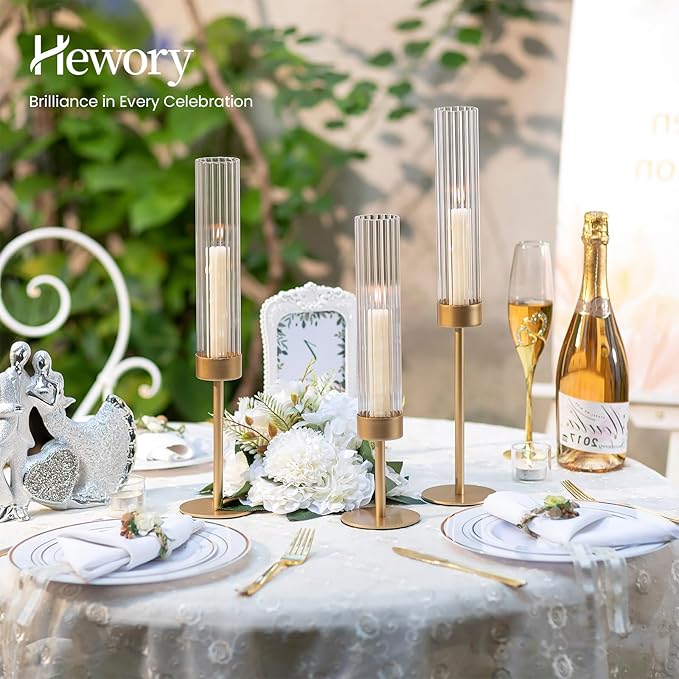 Hewory Gold Hurricane Candle Holders: Brass Candlestick Holders Set of 3 Tall Taper Candle Holders for Candlesticks Candle Sticks Holder Decor for Table Centerpiece Wedding Party Christmas Decorations
