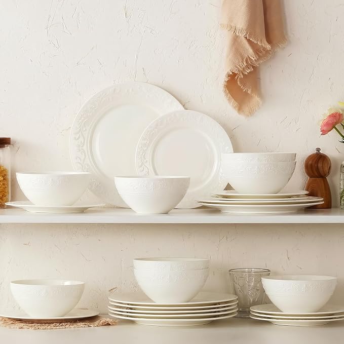 24Pcs Vintage Relief White Bone China Set, Service - Image 8