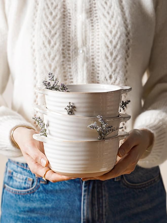 LE TAUCI Soup Bowls with Handles, 20 oz French Onion Soup Crocks, Soup Bowl Oven Safe for Chili, Beef Stew, Ceramic Bowl Set - 5.5 Inch, Set of 4, Arctic White