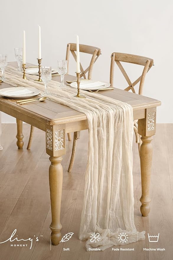 Ling's Moment Ivory Gauze Cheesecloth Table Runner, 14FT | Beige Sheer Cheese - Image 2