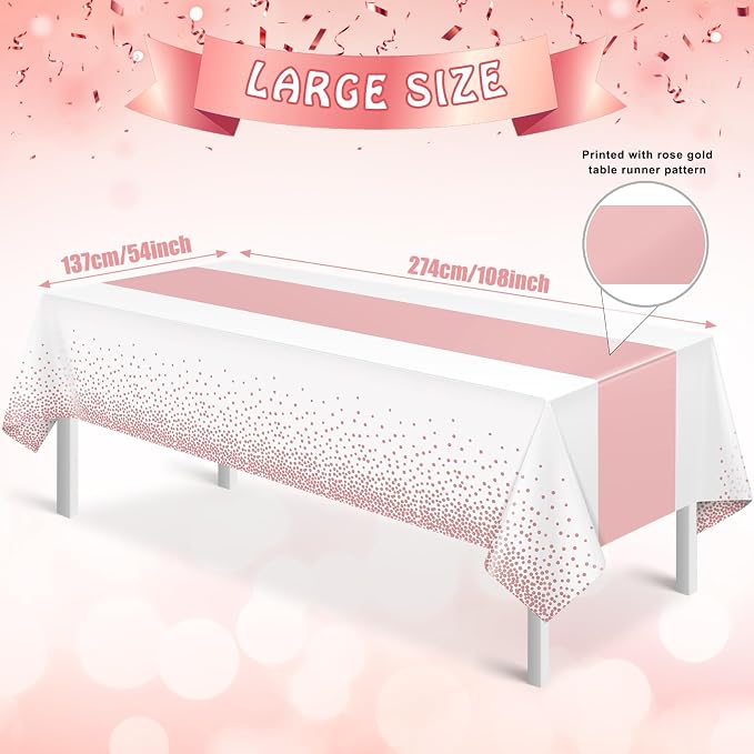 3Pcs White and Rose Gold Tablecloth Party Decorations, Plastic White Table - Image 2
