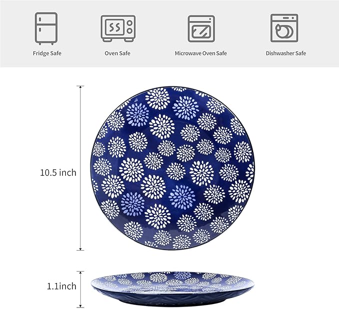 Selamica Ceramic Dinner Plates set of 4, 10.5 Inch Ceramic Plates for Kitchen, Large Serving Plates for Pasta Salad Steak, Microwave Dishwasher Safe, Blue