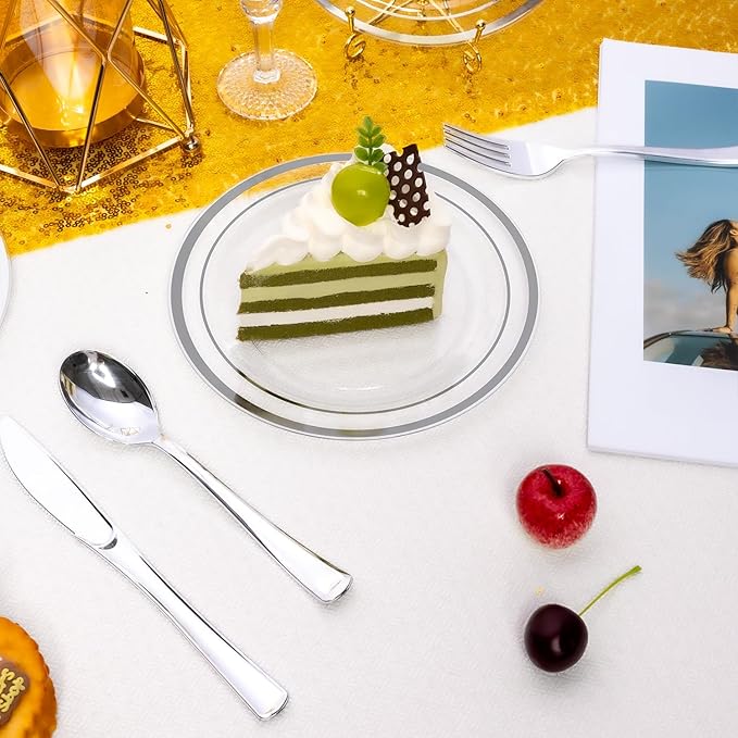 BESTSTAR 7 Inch Clear with Silver Rim Plastic Plates,100PCS Disposable Dessert/Appetizer/Small Cake Plates,Heavy Duty Plate Ideal for Christmas, Thanksgiving, Wedding and Birthday Party