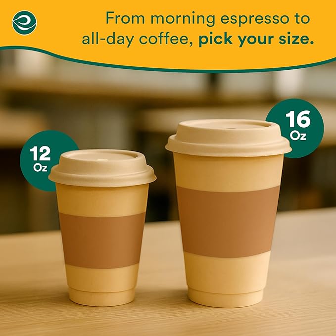 ECO SOUL 100 Pack 16 oz Disposable Coffee Cups with Lids & Sleeves Eco-Friendly, Biodegradable, Compostable, Leak-free & Sturdy To Go Hot Drink Cup for Tea, Chocolate Party Travel Cafe Office & Home