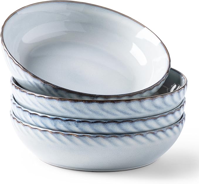 GBhome 8.5'' Large Pasta Bowls, 38 Ounce Stoneware Salad Bowls for Kitchen, Ceramic Serving Bowls With Textured Pattern for Pasta,Fruit, Stews,Noodle, House-warming Gift,Set of 4