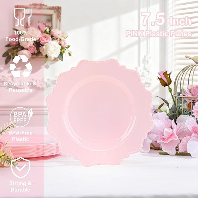 COLOSUS 60pcs Pink Plastic Dessert Plates - 7.5 Inch- Heavy Duty Disposable Plastic Appetizer/Salad/Cake Plates for Party Wedding and Everyday Use,Valentine's Day