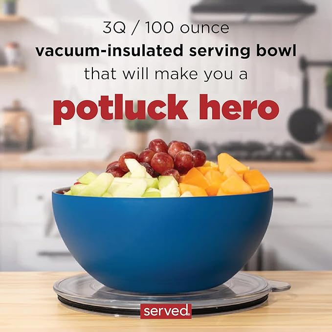 served Large Insulated Serving Bowl with Lid (100oz/3QT) - Double-Walled Stainless Steel Bowl for Hot & Cold Food - Vacuum Insulated, Spill-Resistant Thermal Bowl for Parties, Casseroles, Tailgates