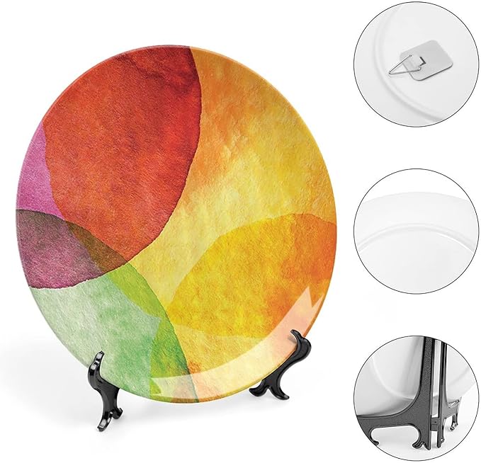 Decorative Plates, Abstract Print Ornament, Watercolor Style in Modern Art Design, 10 Inch, 1 Plate with 1 Display Stand, Yellow Orange Lime Green