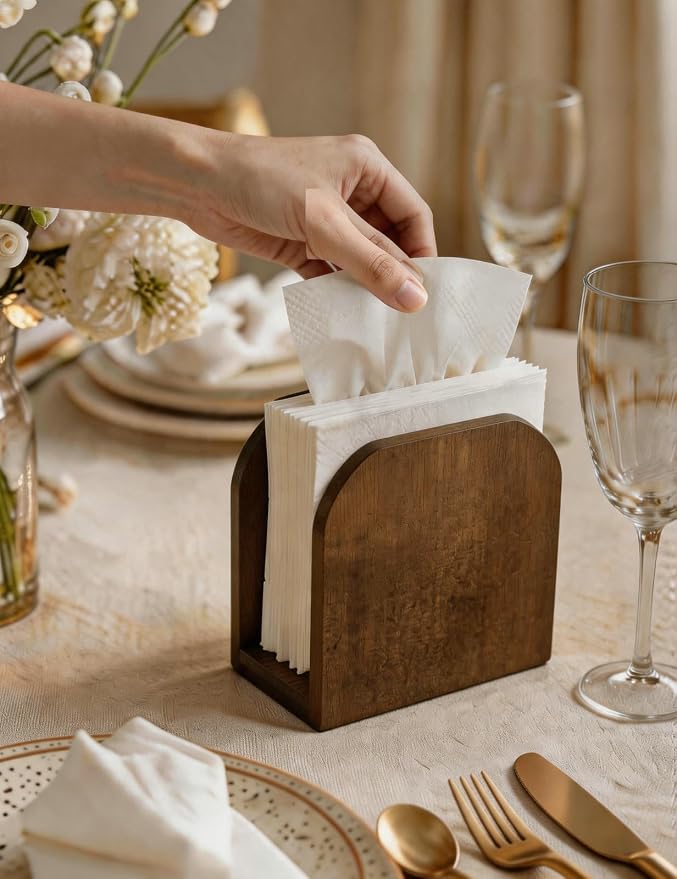 Napkin Holder for Table Stable Standing Napkin Dispenser Natural Bamboo Brown - Image 9