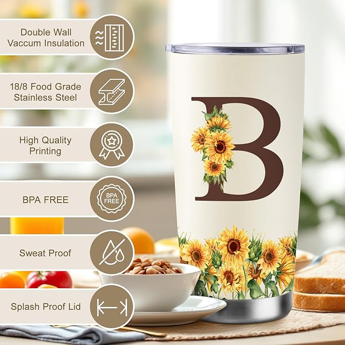 Sunflower Gifts for Women - Personalized Christmas Gifts for Women - Birthday Gift for Woman - Mothers Day Gift for Mom - Monogrammed, Initial 20oz Travel Cup Insulated Tumbler with Lid, B