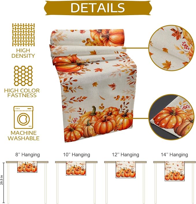 Orange Pumpkins Table Runners 72 Inches Long, Fall Thanksgiving Cotton Linen - Image 5
