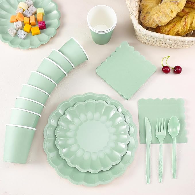 350 Pcs Light Green Scalloped Paper Plates Shell Edge Disposable Tableware Cocktail Napkins Cups Plastic Spoons Forks Knives for Wedding Baby Shower Picnic Birthday Party Supply for 50 Guests