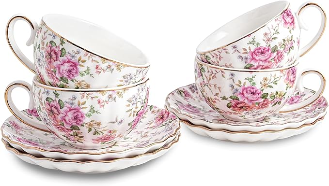 Agyiuns Tea Cup and Saucers, 6.4oz Floral Tea Cups by Agyiuns
