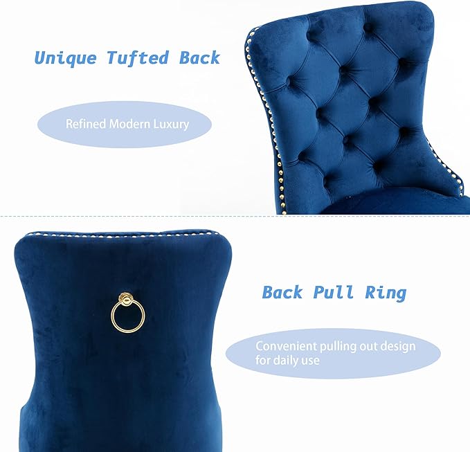 KCC Velvet Dining Chairs Set of 6, Upholstered High-end Tufted Dining Chair with Nailhead Back Ring Pull Trim Stainless Steel Legs, Contemporary Nikki Collection Modern Style for Kitchen, Blue